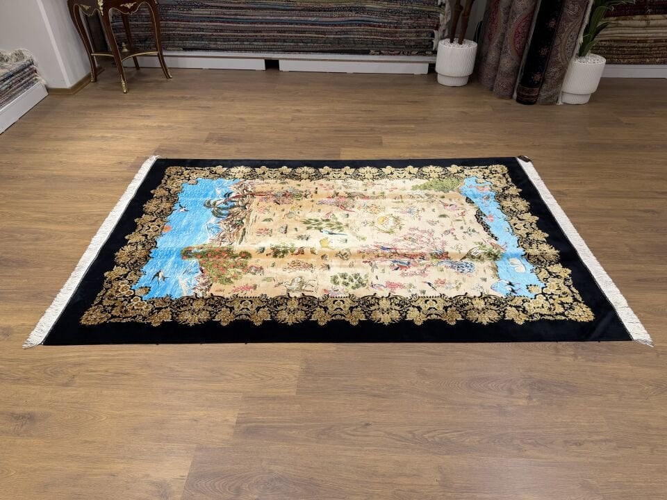 İran İpek Halı 150 x 225 Manzara ve Av Sahnesi
