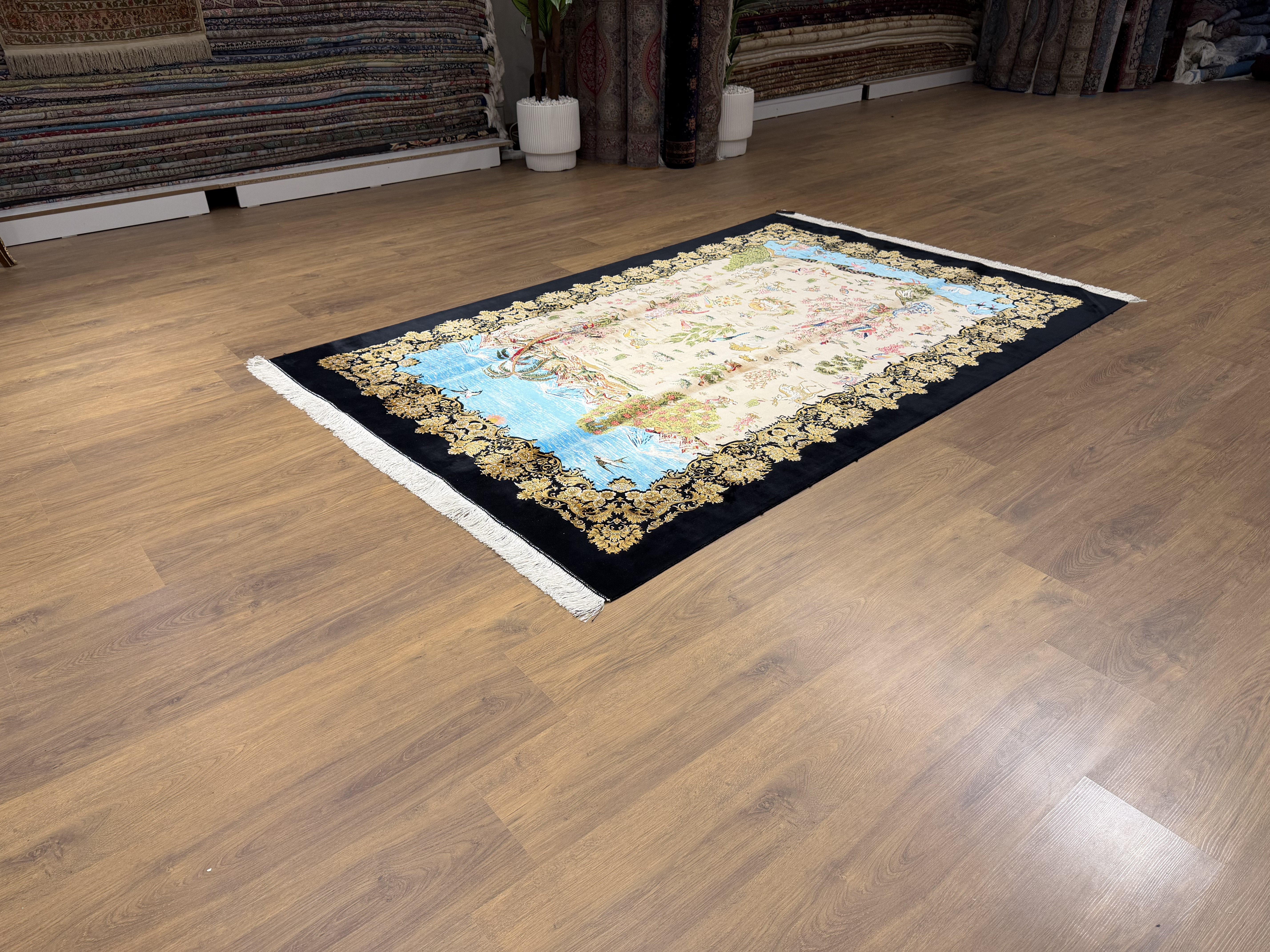 İran İpek Halı 150 x 225 Manzara ve Av Sahnesi