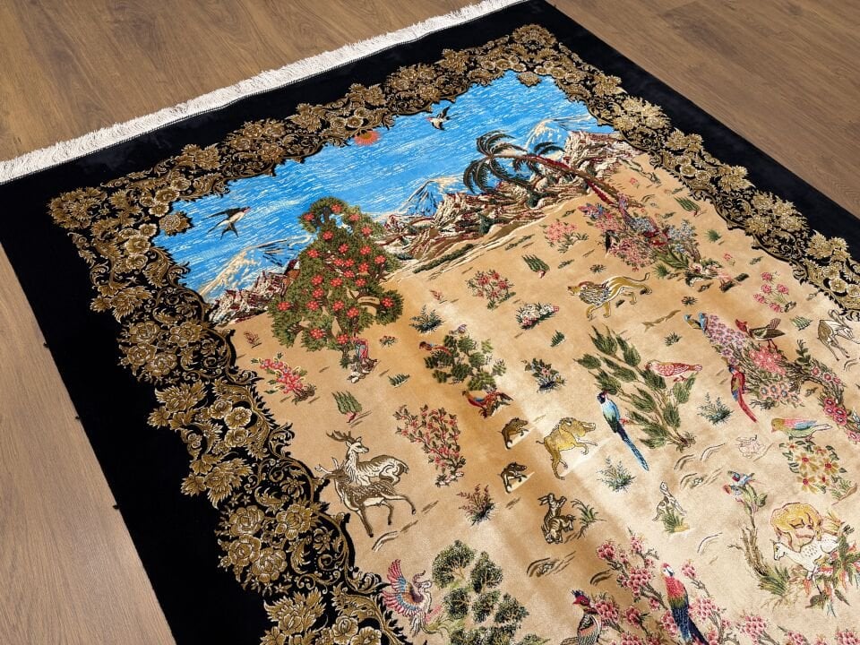 İran İpek Halı 150 x 225 Manzara ve Av Sahnesi