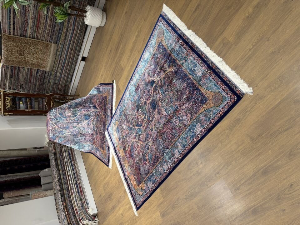 İran İpek Halı 150 x 225 Siyah Hayat Ağacı