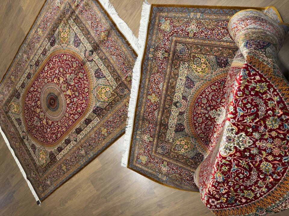 İran İpek Halı 150 x 225 Yalı Deseni Bordo