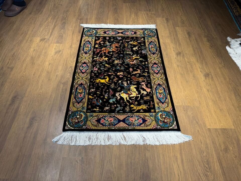 İran İpek Halı 80 x 120 Av Sahnesi
