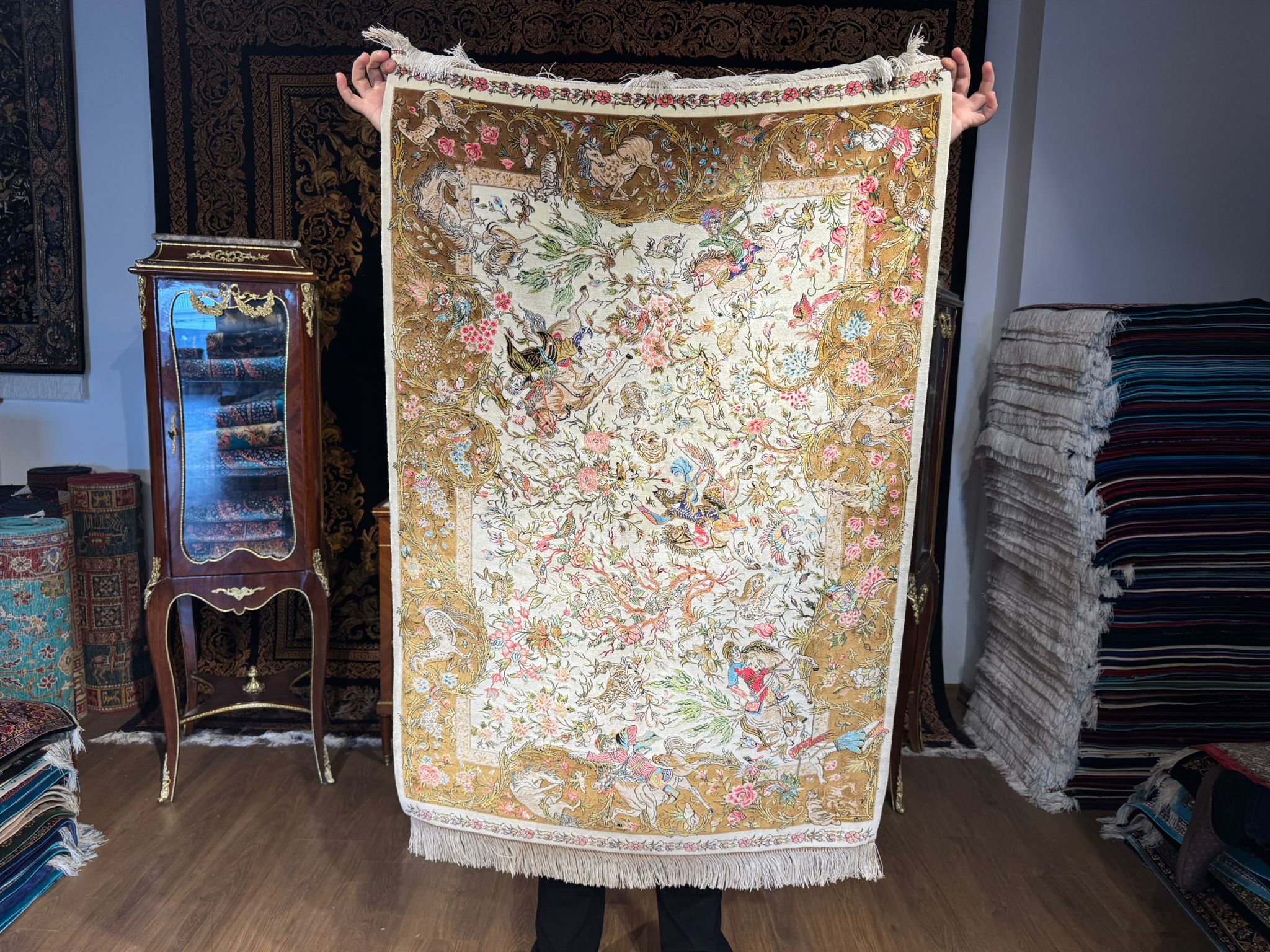 İran İpek Halı 80 x 120 Av Sahnesi