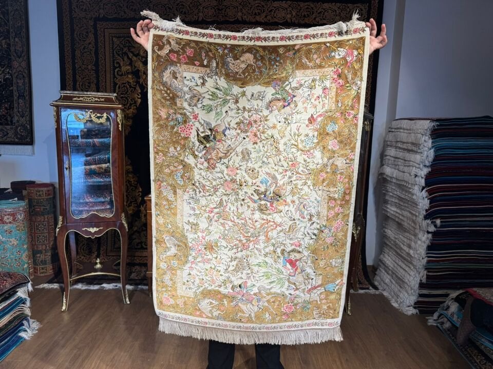 İran İpek Halı 80 x 120 Av Sahnesi