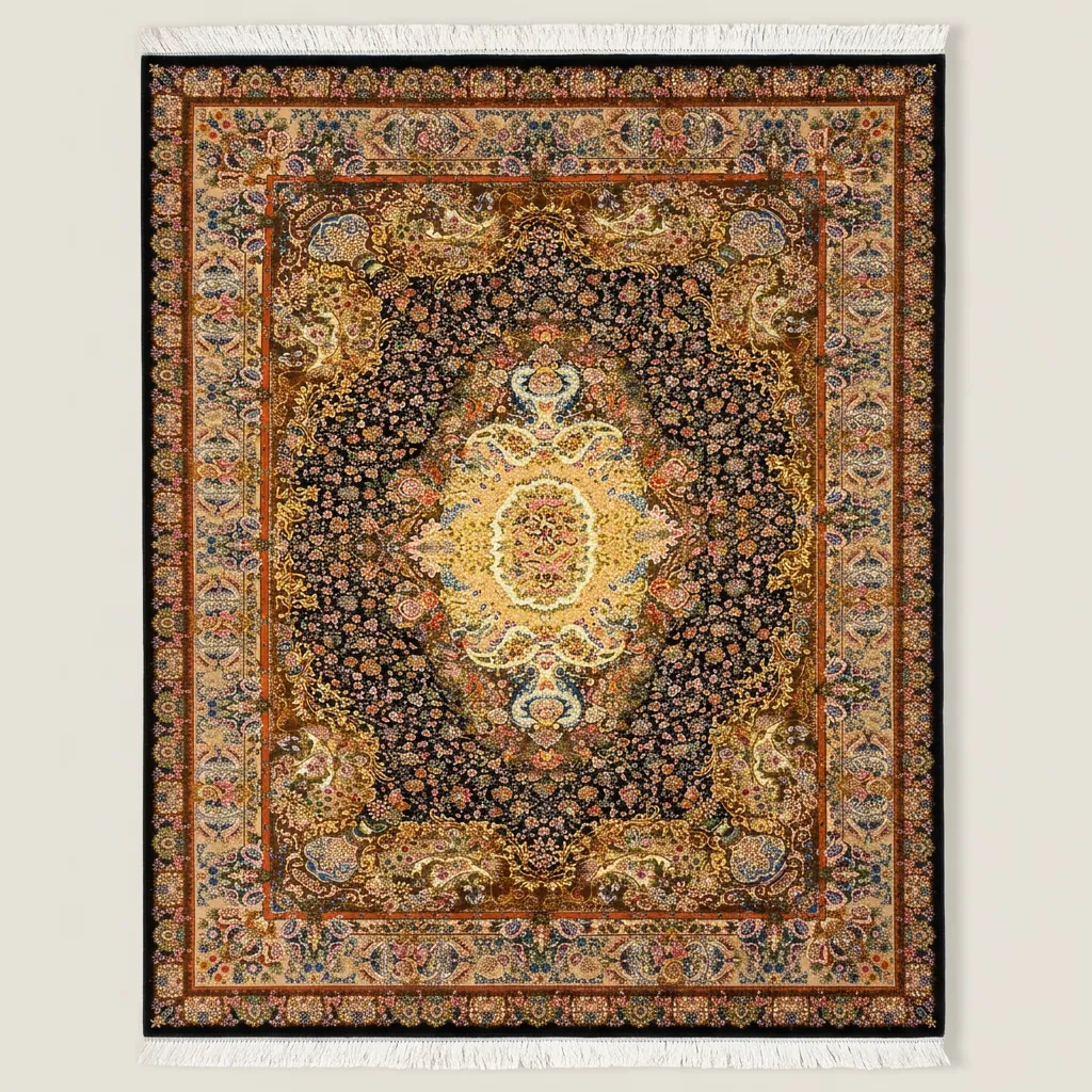 SİYAH RENKLİ ŞEYH ABBASİ MADALYON İPEK İRAN HALISI 6 m²