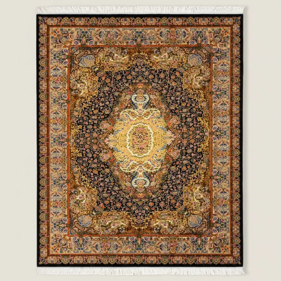 SİYAH RENKLİ ŞEYH ABBASİ MADALYON İPEK İRAN HALISI 6 m²