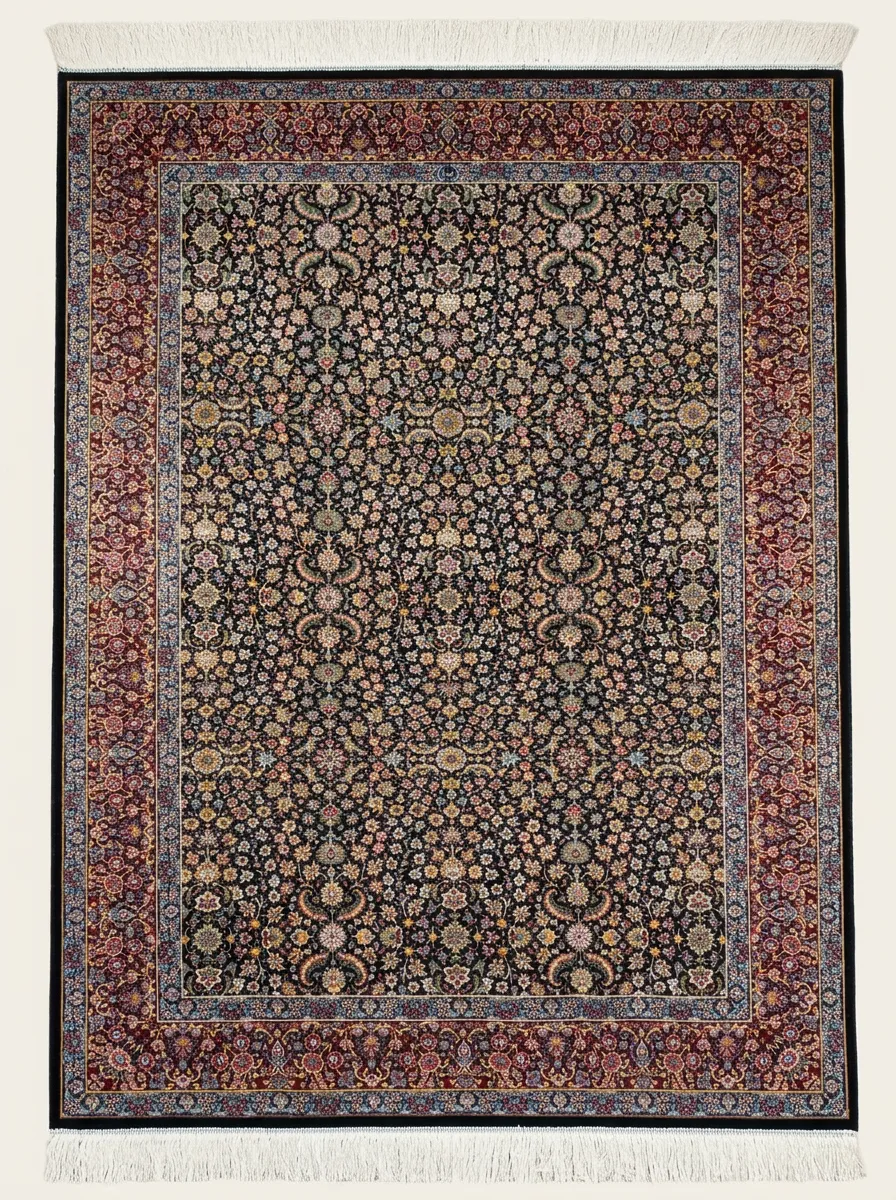 SİYAH YEDİDAĞ ÇİÇEĞİ İPEK İRAN HALISI 3.37 m²